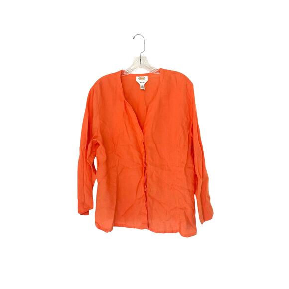 Talbots Irish Linen Blouse 16 Plus Orange Lagenlook Button Up Coastal Grandma - Picture 1 of 12